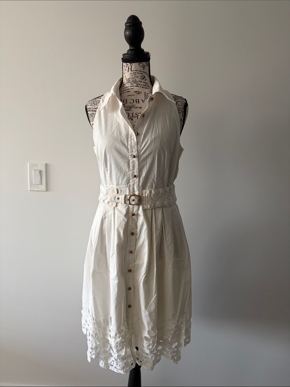 Chetta B White Sleeveless Button-Front Midi Dress with Braided Belt